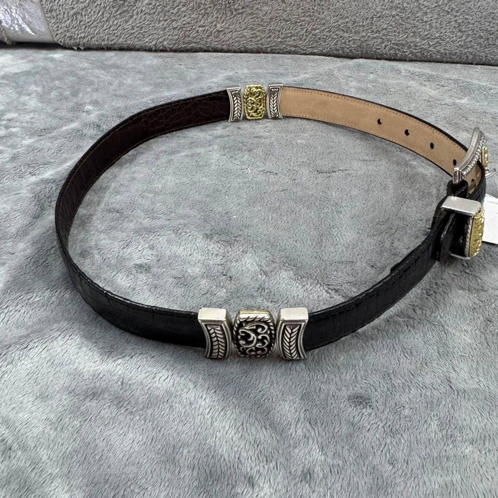 Brighton Belt Women‎ S 28 Black NEW Croc Embossed Leather Silver Gold Filigree